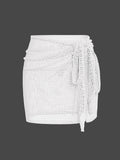 Women's Knitted Short Skirt with Hollow Straps and Slit, Sexy Beach Coverup Shirt for Summer