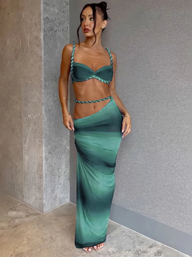 kliou Woven Sexy Women 2 Piece Set Stunning Hot Solid Pleated Crop Camisoles+High Waist Maxi Skirts Female Trend Vacation Outfit