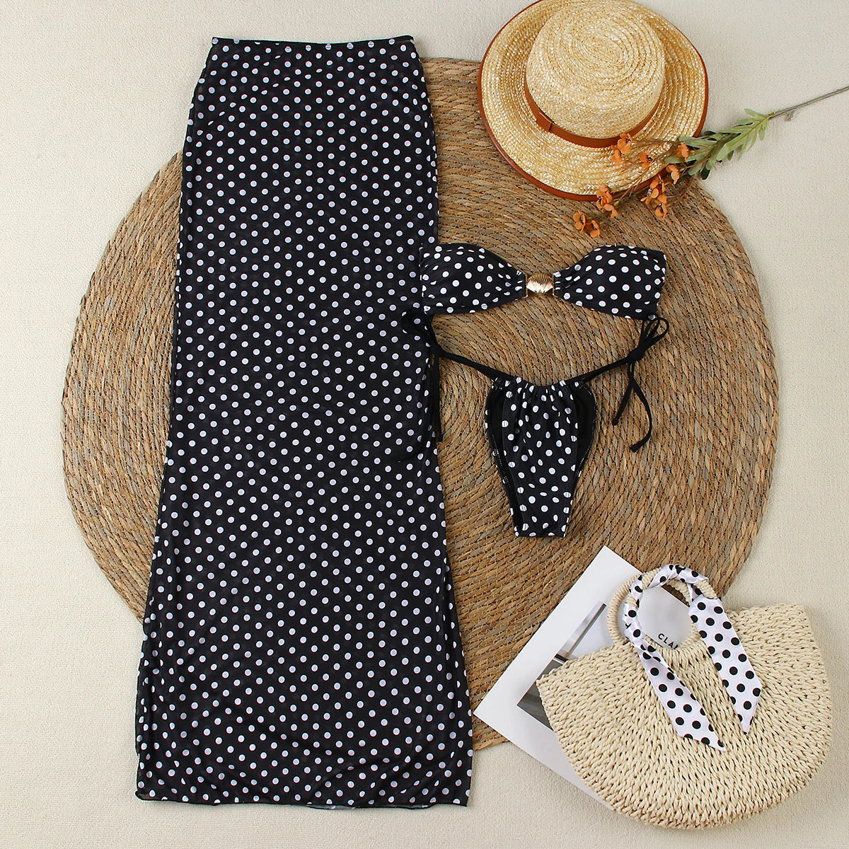 Bandeau Dot 3 Pieces Sexy Bikini With Long Skirt Women Swimsuits Female Swimwear Bathing Suit Swimming Suits Beachwear Biquini