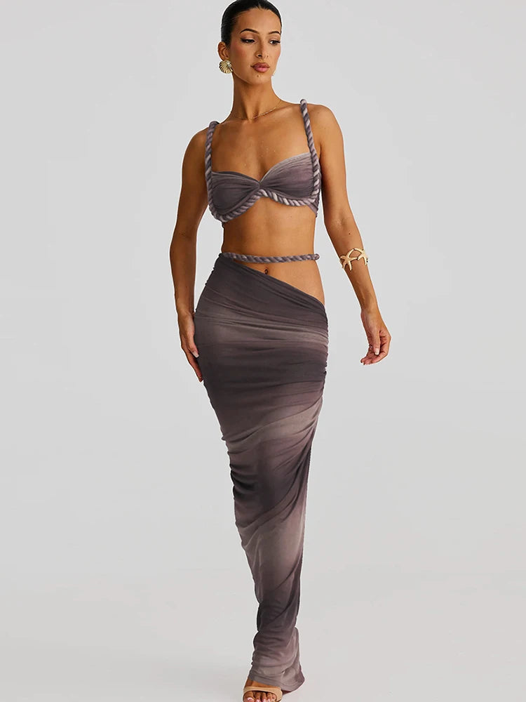 kliou Woven Sexy Women 2 Piece Set Stunning Hot Solid Pleated Crop Camisoles+High Waist Maxi Skirts Female Trend Vacation Outfit