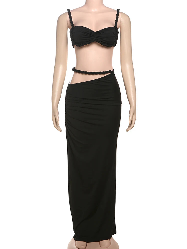 kliou Woven Sexy Women 2 Piece Set Stunning Hot Solid Pleated Crop Camisoles+High Waist Maxi Skirts Female Trend Vacation Outfit