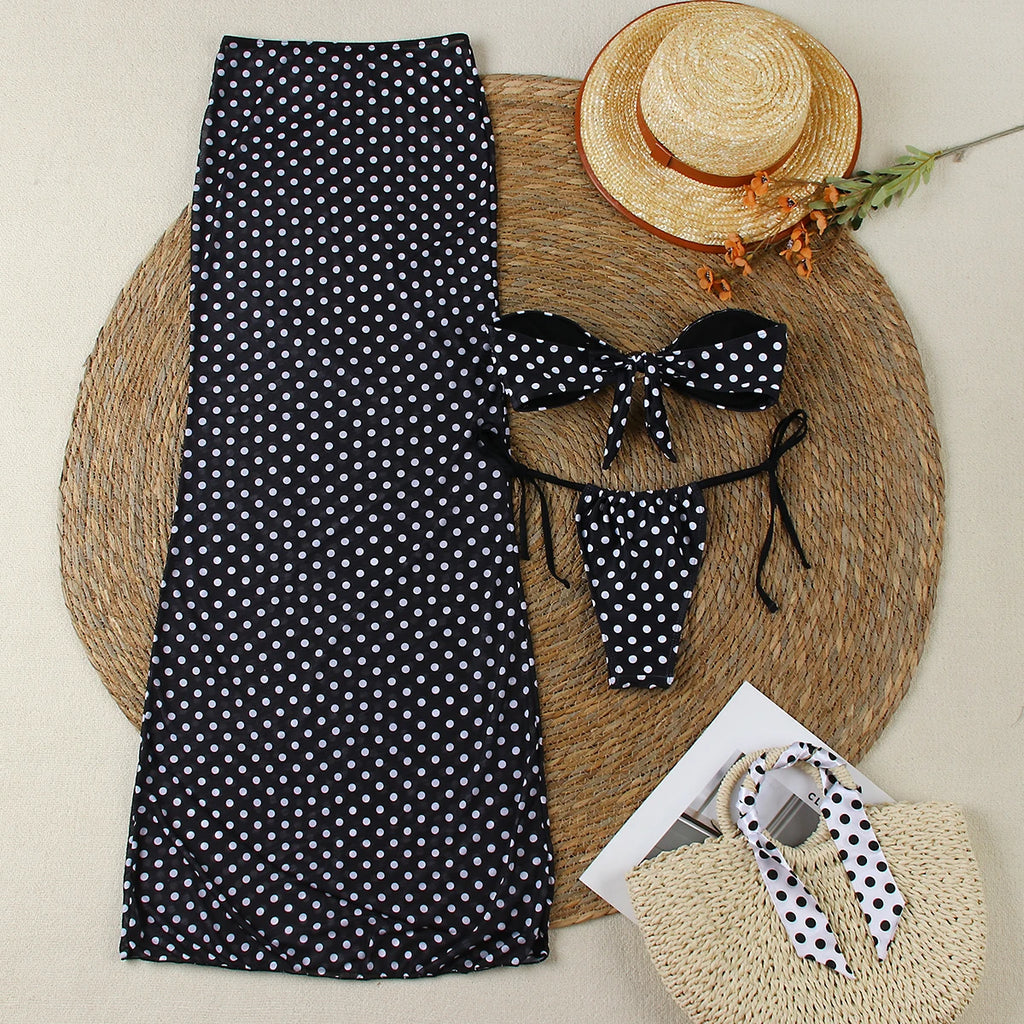 Bandeau Dot 3 Pieces Sexy Bikini With Long Skirt Women Swimsuits Female Swimwear Bathing Suit Swimming Suits Beachwear Biquini
