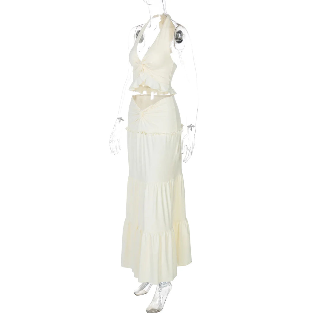 Cryptographic Elegant Two Piece Sets Sleeveless Frill Halter Twist Top Dress Sets Outfits Fashion Co-ord Sets Coquette Clothes