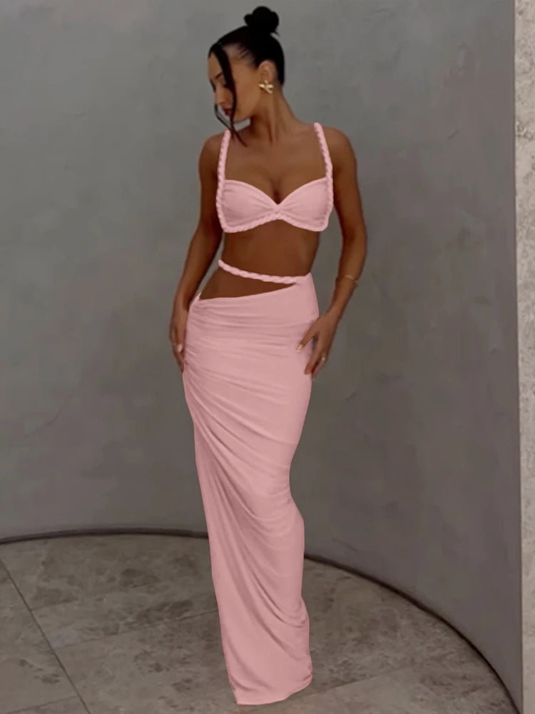 kliou Woven Sexy Women 2 Piece Set Stunning Hot Solid Pleated Crop Camisoles+High Waist Maxi Skirts Female Trend Vacation Outfit