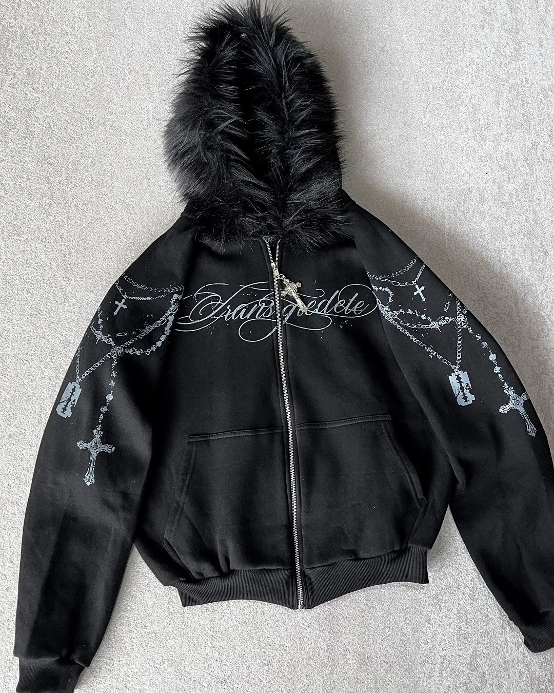 American Retro Rock Gothic Graphic Fur Collar Loose Zipper Sweatshirt Men's Y2K New Harajuku Punk Casual Joker Hoodie Streetwear