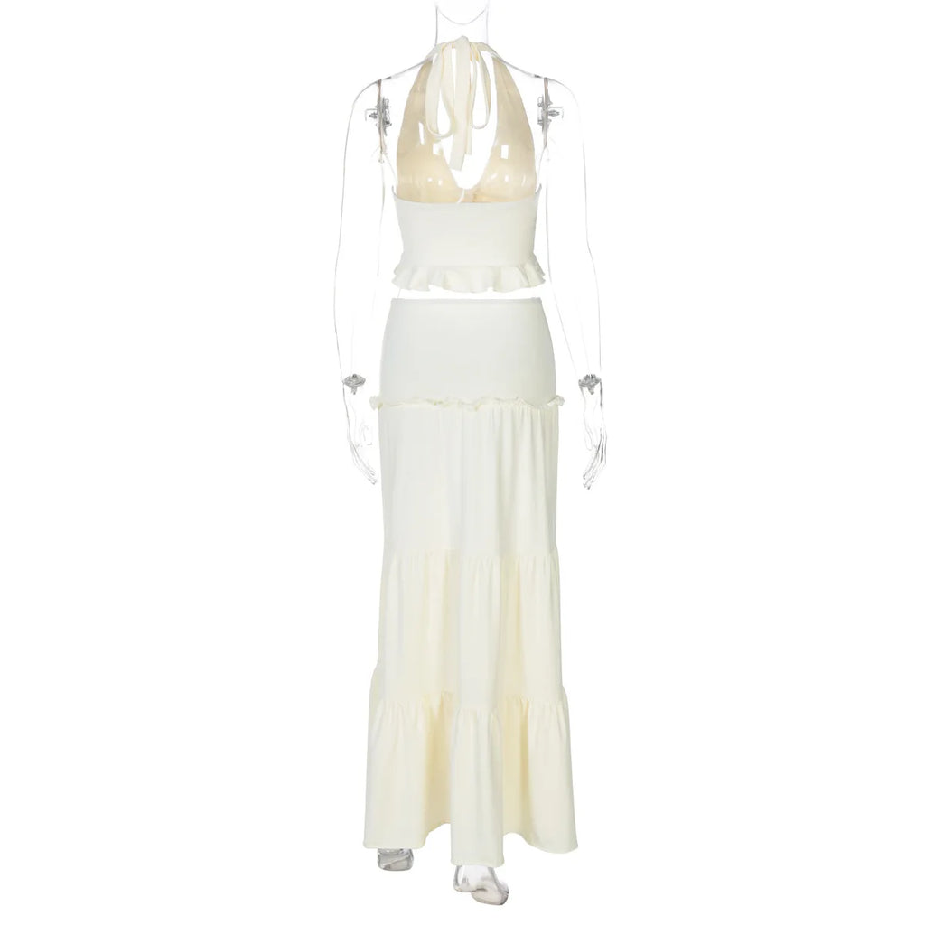 Cryptographic Elegant Two Piece Sets Sleeveless Frill Halter Twist Top Dress Sets Outfits Fashion Co-ord Sets Coquette Clothes