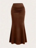 Solid Bodycon Ruched Long Skirt Women Sexy Black Elastic Elegant High Waist Mermaid Maxi Skirts Summer Streetwear