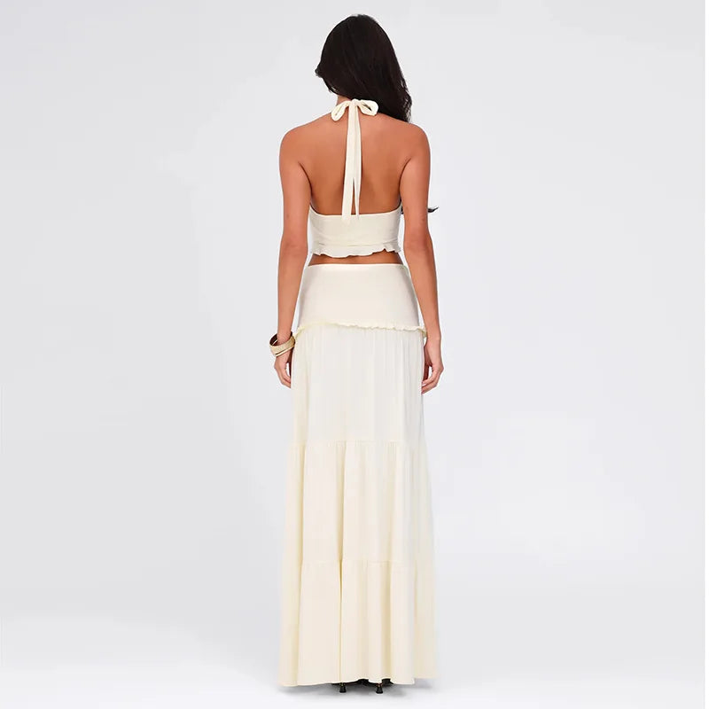 Cryptographic Elegant Two Piece Sets Sleeveless Frill Halter Twist Top Dress Sets Outfits Fashion Co-ord Sets Coquette Clothes