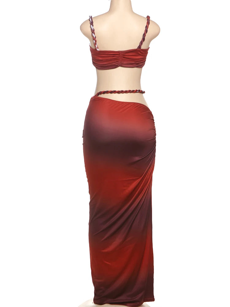 kliou Woven Sexy Women 2 Piece Set Stunning Hot Solid Pleated Crop Camisoles+High Waist Maxi Skirts Female Trend Vacation Outfit