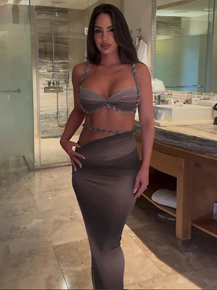 kliou Woven Sexy Women 2 Piece Set Stunning Hot Solid Pleated Crop Camisoles+High Waist Maxi Skirts Female Trend Vacation Outfit