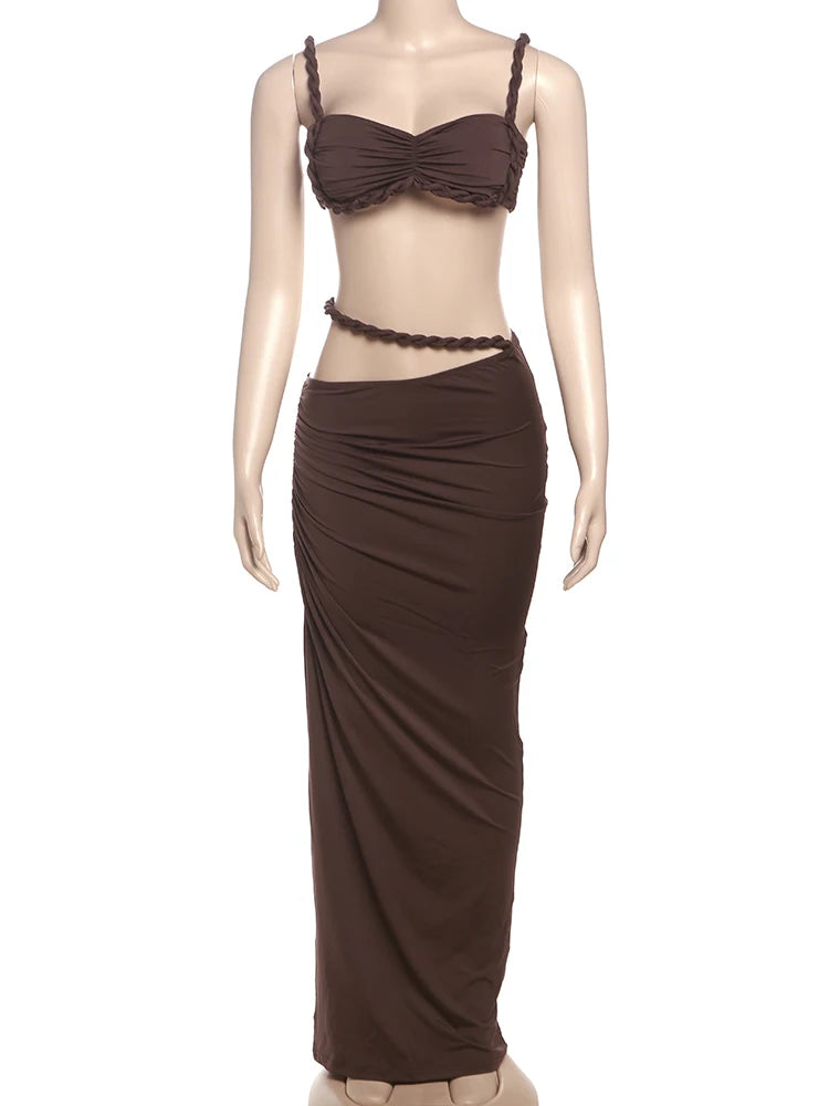 kliou Woven Sexy Women 2 Piece Set Stunning Hot Solid Pleated Crop Camisoles+High Waist Maxi Skirts Female Trend Vacation Outfit