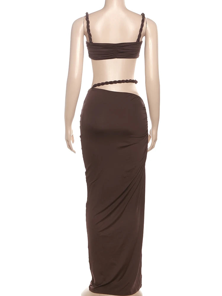 kliou Woven Sexy Women 2 Piece Set Stunning Hot Solid Pleated Crop Camisoles+High Waist Maxi Skirts Female Trend Vacation Outfit