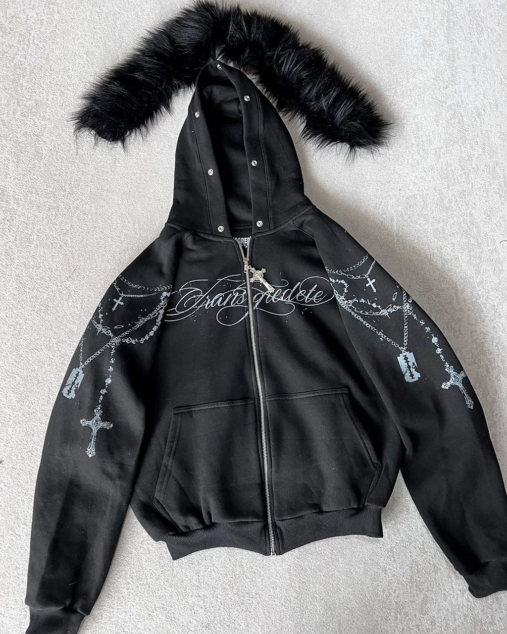 American Retro Rock Gothic Graphic Fur Collar Loose Zipper Sweatshirt Men's Y2K New Harajuku Punk Casual Joker Hoodie Streetwear