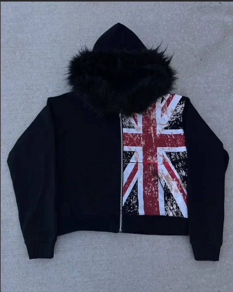 American Retro Rock Gothic Graphic Fur Collar Loose Zipper Sweatshirt Men's Y2K New Harajuku Punk Casual Joker Hoodie Streetwear