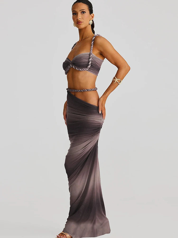 kliou Woven Sexy Women 2 Piece Set Stunning Hot Solid Pleated Crop Camisoles+High Waist Maxi Skirts Female Trend Vacation Outfit