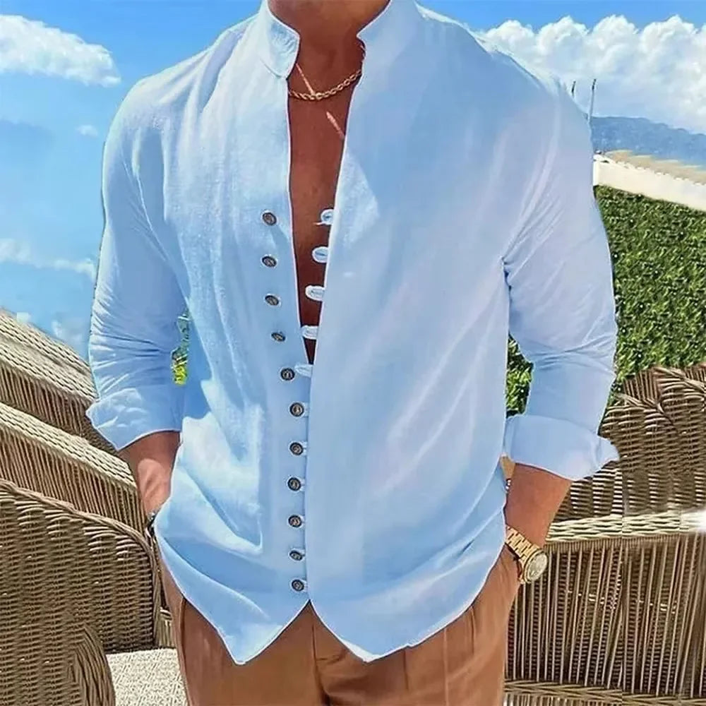 Spring and Autumn Cotton Linen Shirt Men Hot Sale Men's Long-Sleeved Shirts Solid Color Button Up Casual Style Plus Size